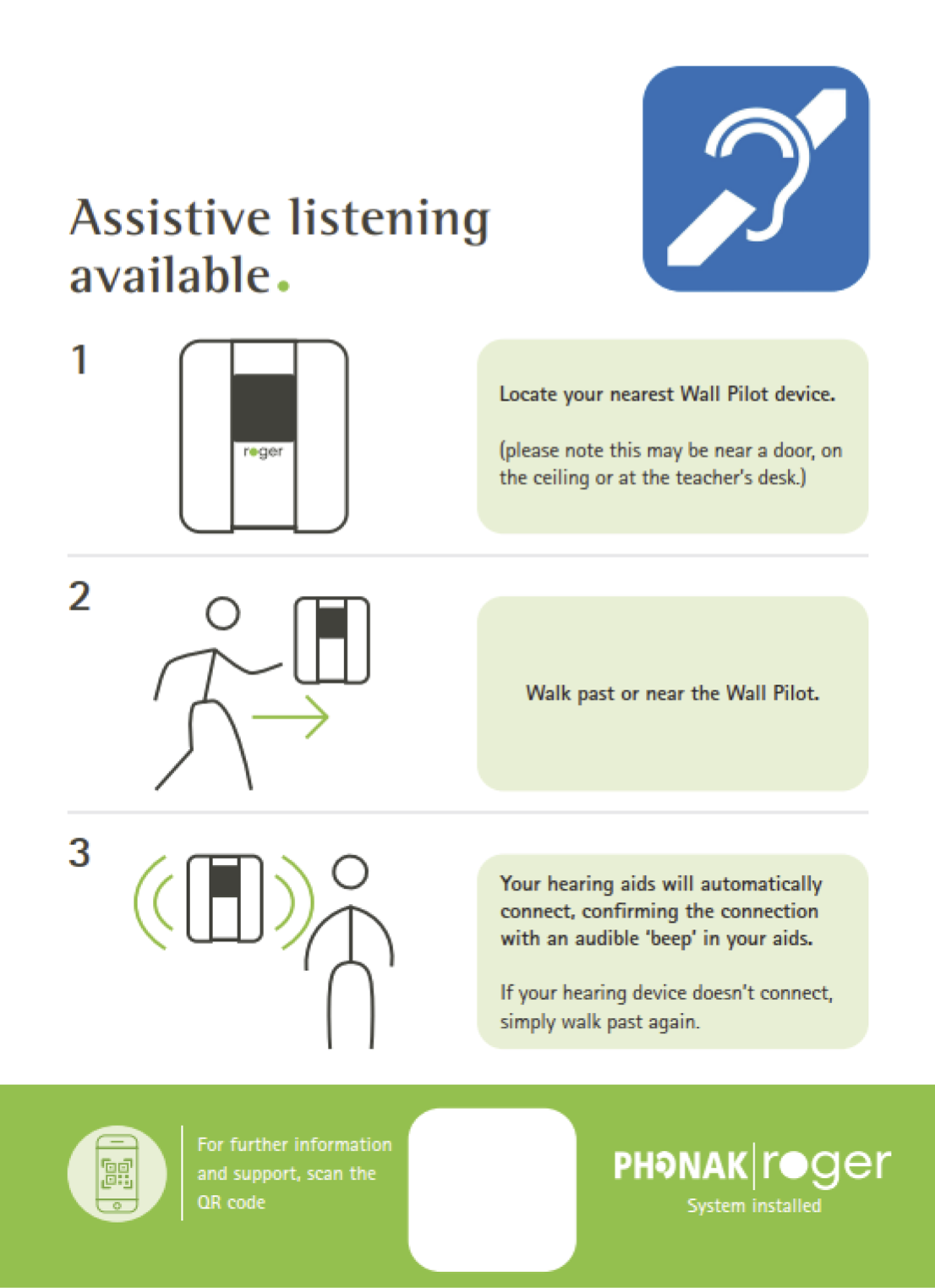 Connecting to the Roger system — University of Edinburgh three-step guide: locate Wall Pilot, walk past it, hearing device connects automatically